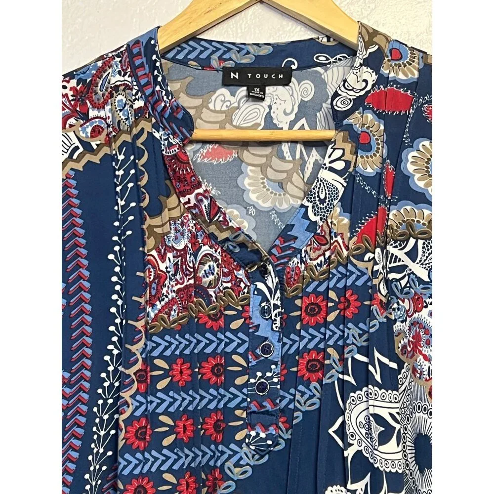 N Touch Women’s 1X Multicolor Floral Boho Tunic Top Button Details Blue Red - Picture 3 of 15